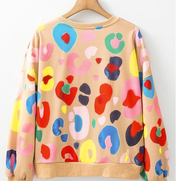 Khaki Multicolor Leopard Printed Drop Shoulder Pullover Sweatshirt Kawaii - Picture 6 of 8